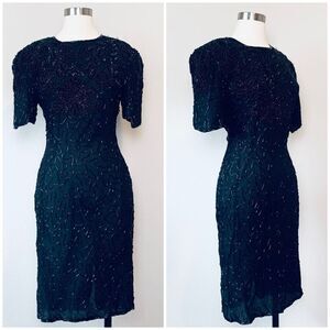 Vintage Silk Black Sequin Pencil Shift Wiggle Dress Midi Small